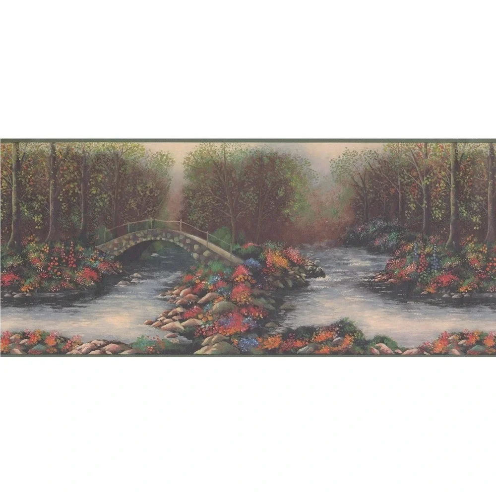 VTG Village Wallpaper Border Woods River Lodge Lot 2 NIP Stone Bridge Nature USA